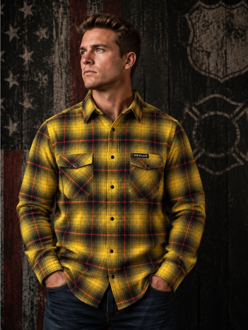 Men’s Anvil Flannel Co Yellow Black Plaid Flannel Shirt Long Sleeve Medium